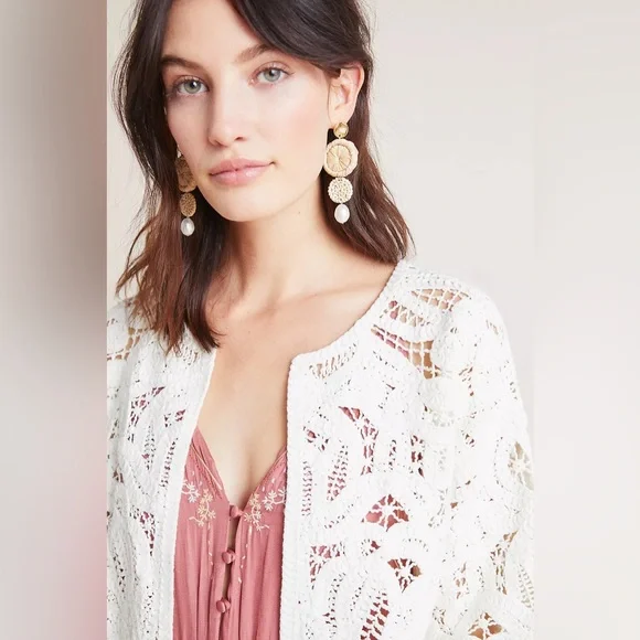 Anthropologie Open Front Crochet Lace Kimono Cropped Cardigan Jacket small - Picture 3 of 16